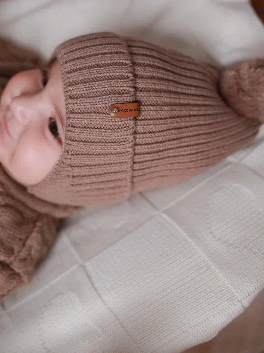 KIPSIBABY Шапка для новорожденного вязаная осенняя тёплая с подкладкой, коричневый, фото 8