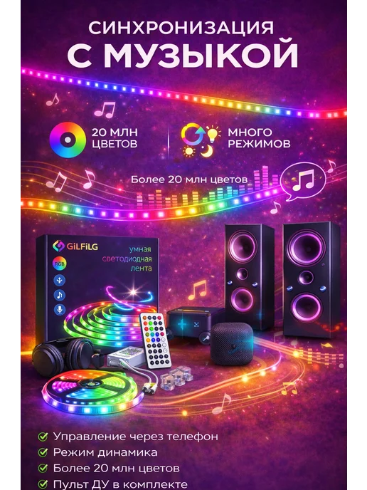 GiLFiLG PREMIUM Светодиодная лента 20 метров RGB самоклеящаяся с пультом, 5 м, фото 7