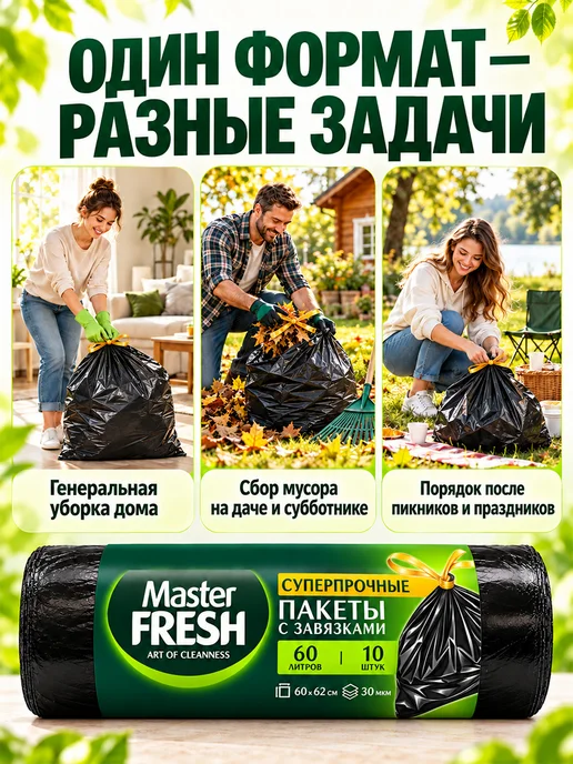 MASTER FRESH Мешки для мусора с ручками суперпрочные 60л*20шт черные, 20шт, фото 5