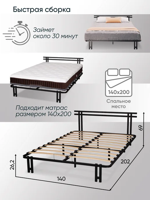 AMI Кровать 140х200 двуспальная металлическая лофт железная, 140x200, фото 2