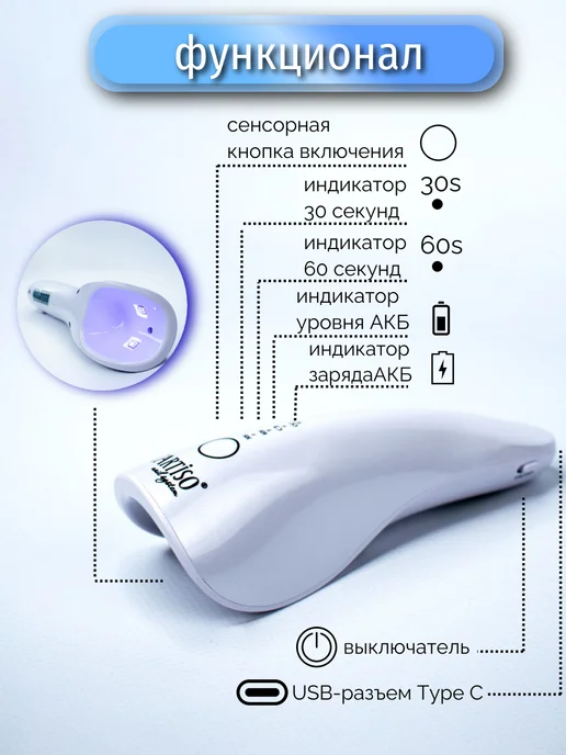 Tartiso Портативная лампа для маникюра и педикюра фонарик, белый, фото 3