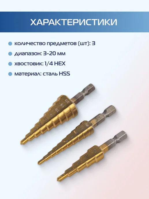 KROFT Набор ступенчатых свёрл по металлу 3-12, 4-12, 4-20 в чехле, синий, фото 2