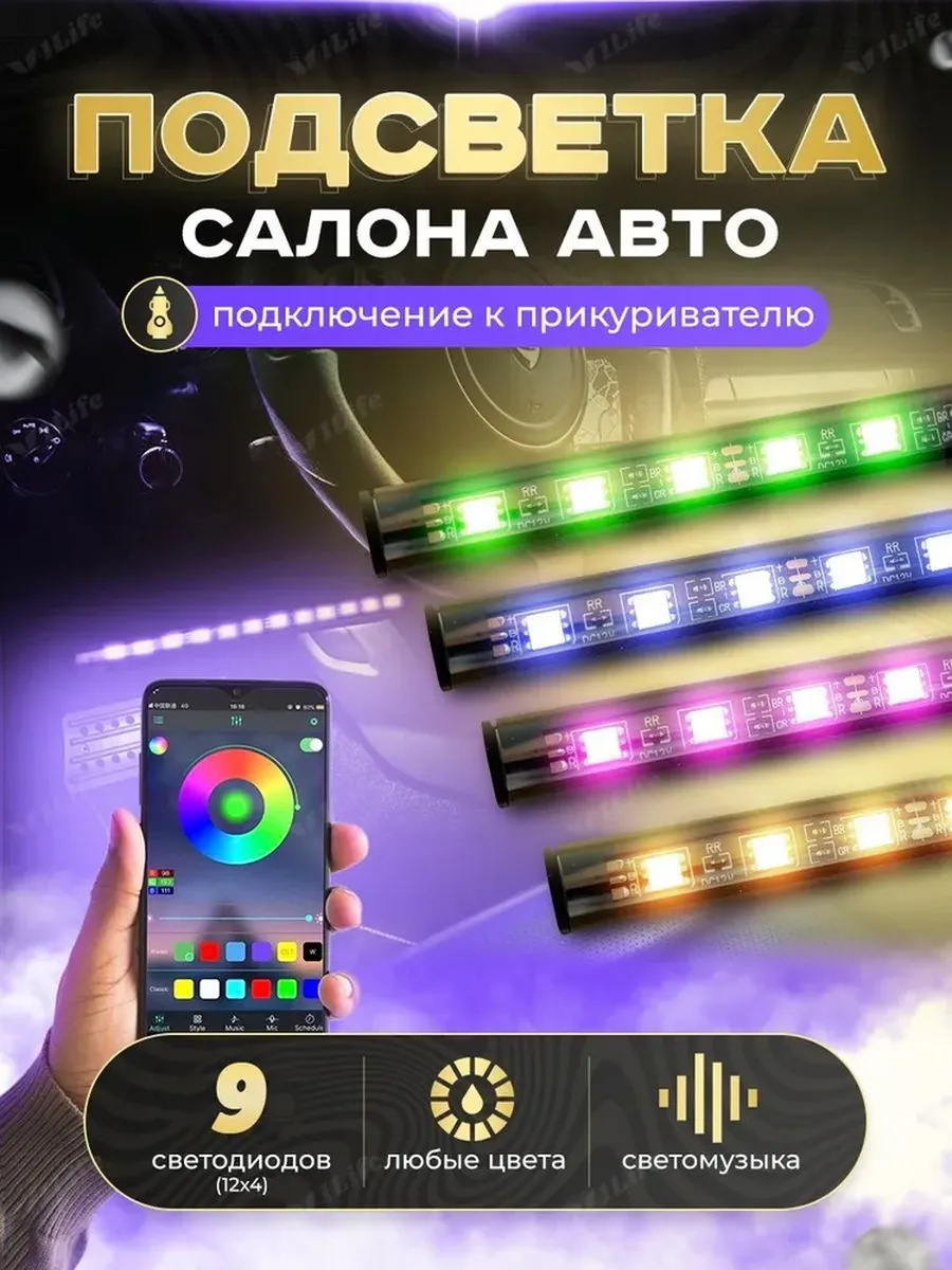 Подсветка в машину светодиодная салона и ног RGB