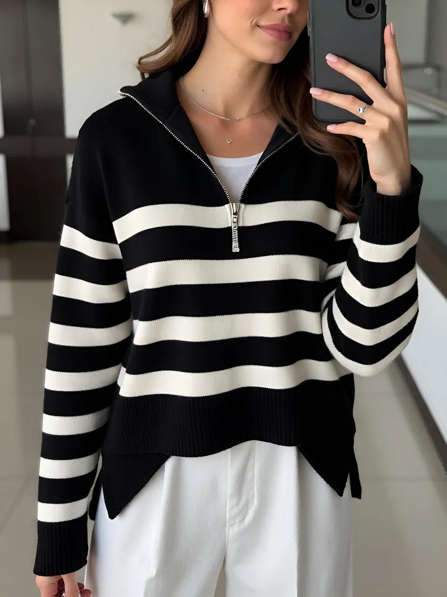 Свитер в полоску с замком оверсайз