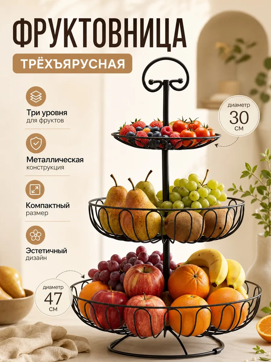 Фруктовница трёхъярусная металлическая