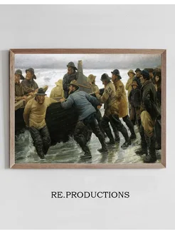 Постер Fishermen launching a rowing boat - Michael Ancher