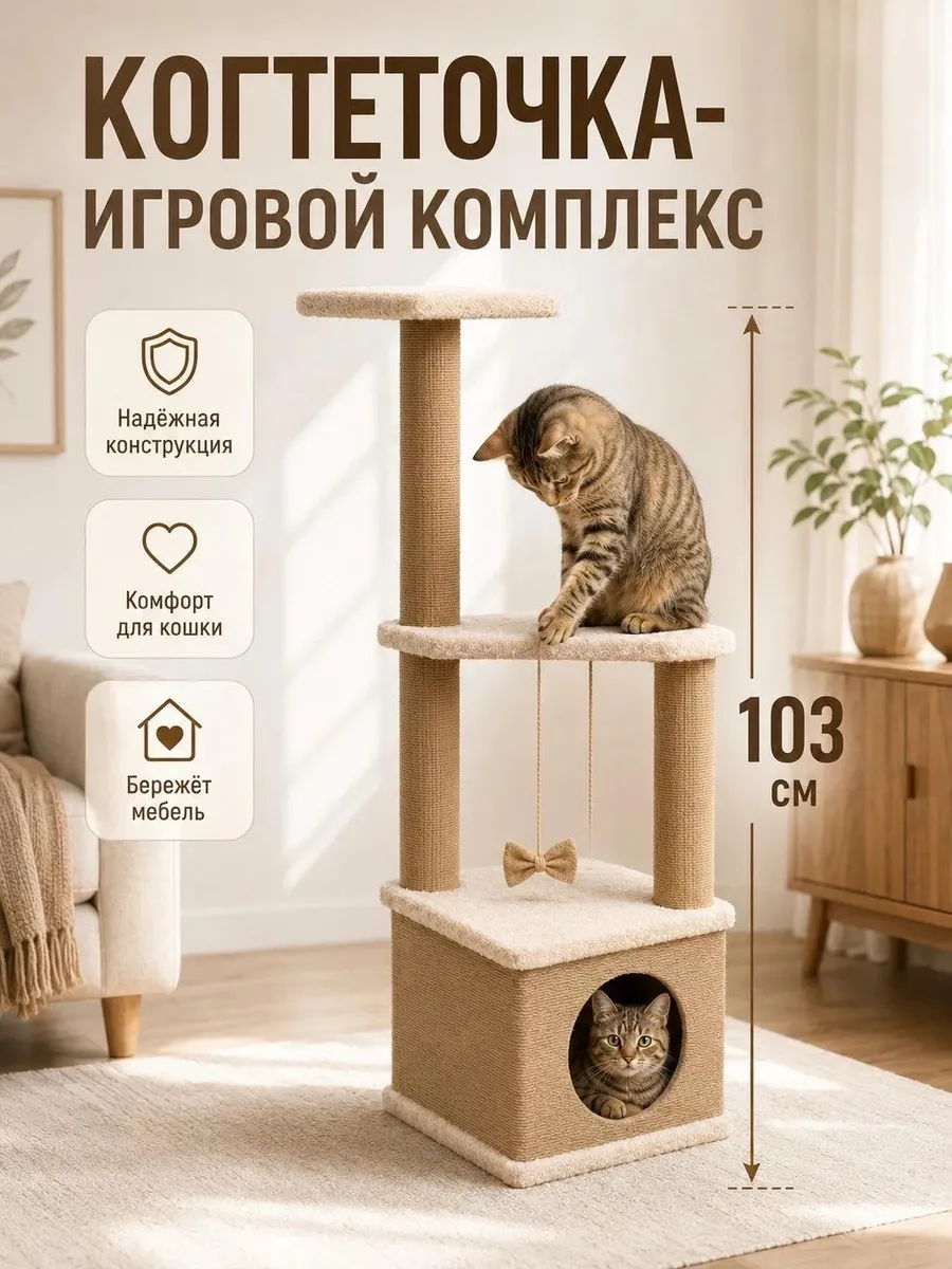 Когтеточка домик для кошки игровой комплекс напольная