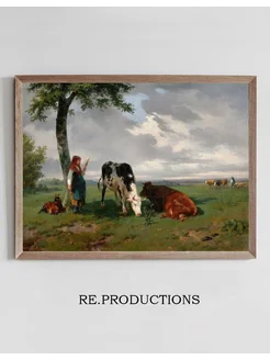 Постер Shepherdess and Two Cows in a Meadow - Rosa Bonheur