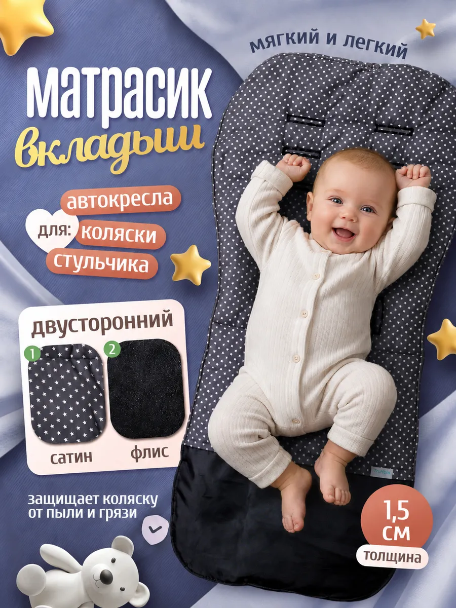 Матрасик вкладыш в коляску, автокресло, на стульчик
