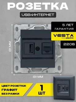 Розетка USB+LAN без рамки темно-серая Grafit