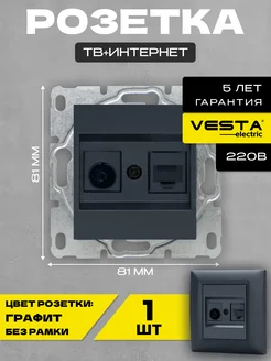 Розетка LAN + TV без рамки темно-серая Grafit