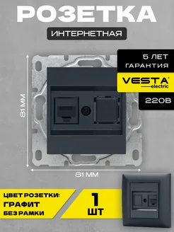 Розетка для сетевого кабеля LAN без рамки темно-серая Grafit