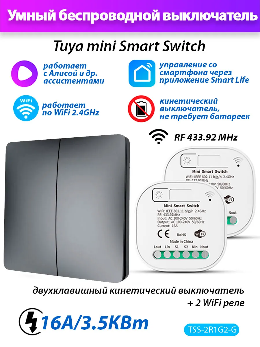 Умный кинетический выключатель (2 реле Wi-Fi + 1х2 выкл)