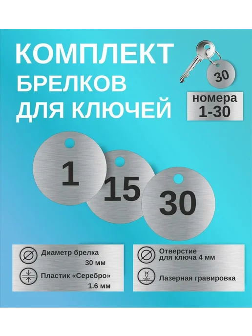 LazerMind Номерки на ключи комплект 30шт,серебро, 30 шт, фото 2