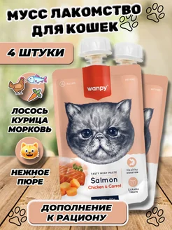 Лакомство для кошек мусс лосось с курицей и морковью 4 шт Wanpy 275430335 купить за 534 ₽ в интернет-магазине Wildberries