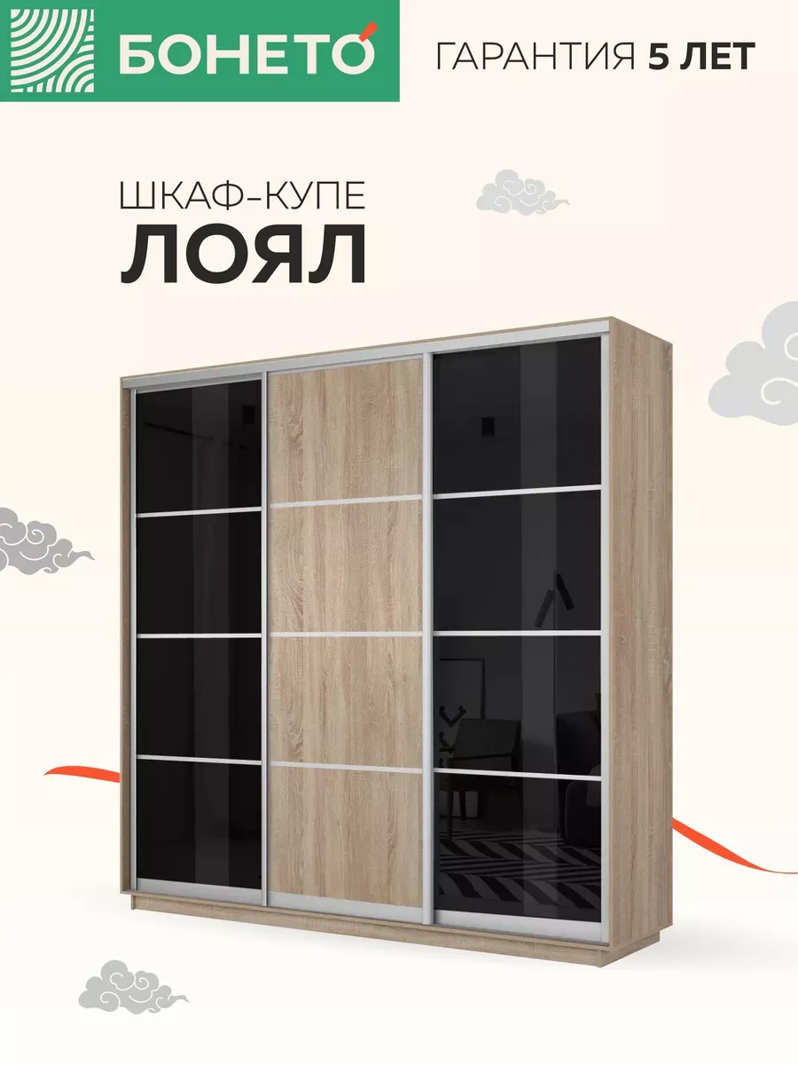 Шкаф-купе Лоял 3 дв Ст черное/ДСП/Ст черное 180х60х220