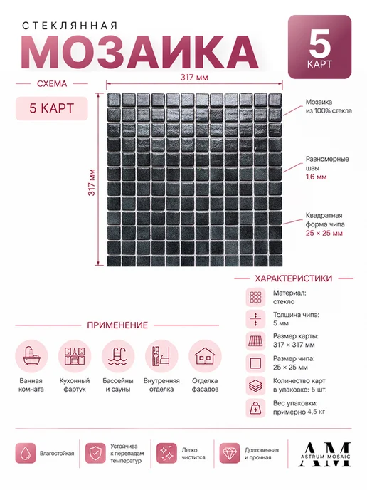 Astrum mosaic Стеклянная мозаика чип 25х25, 5 карт 317х317, 0.5кв.м, вариант, фото 3
