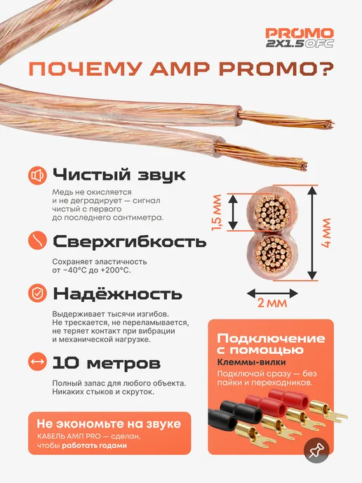 AMP Провод акустический PROMO 2х1.5 OFC Медь 100% 10метров, 2x1.5, 10 м, фото 2