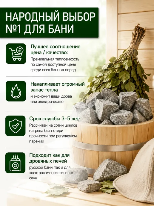 Камни для бани Габбро-диабаз 20 кг, 20 кг, фото 2