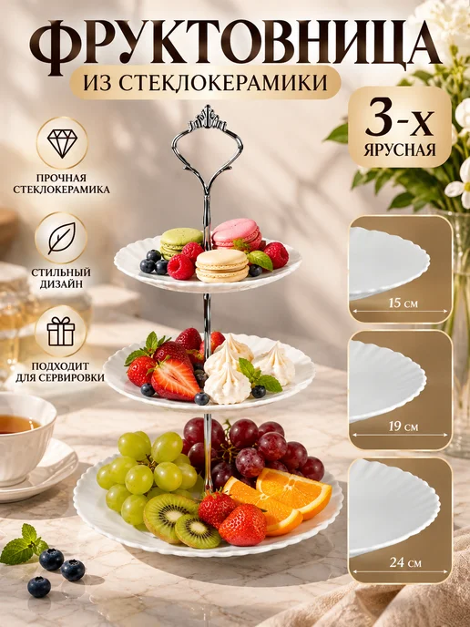 Блюдо-этажерка 3 ярусная фруктовница Белая, белый, фото 2