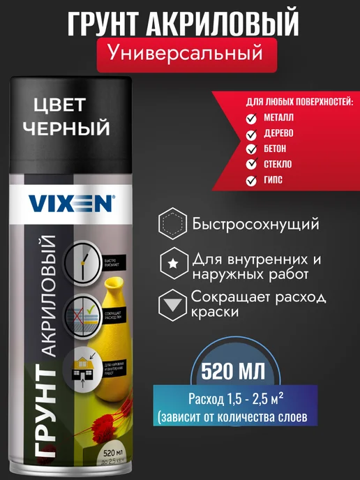 VIXEN Грунт акриловый быстросохнущий в аэрозоле белый 520 мл, 520 мл, черный