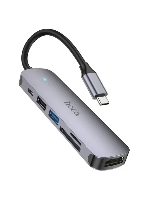 HOCO Разветвитель type c на USB, HDMI и Картридер SD MicroSD, серый, фото 4
