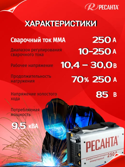 РЕСАНТА Сварочный аппарат инверторный САИ-250 в кейсе, черный, фото 2