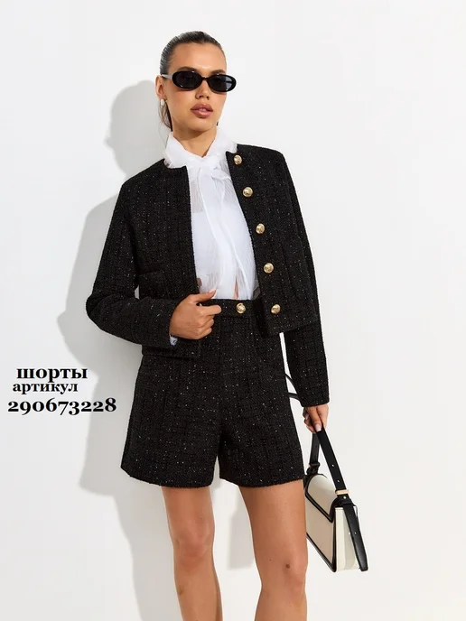 maxtrend Жакет пиджак твидовый шерстяной укороченный шанель, черный, фото 2