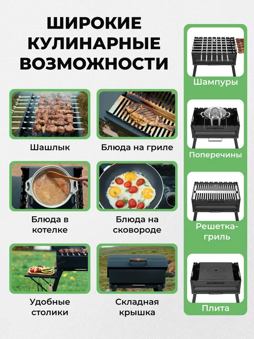 KOLUNDROV Мангал с шампурами складной переносной в сумке для шашлыка, черный, фото 6