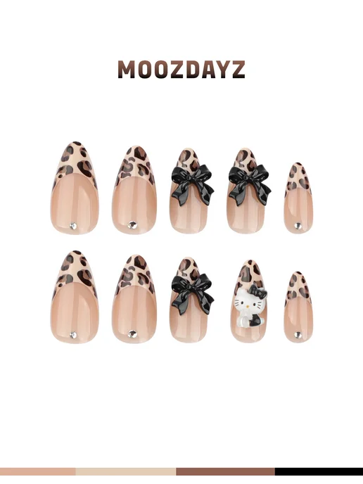moozdayz Накладные ногти с дизайном и клеем длинные с китти, черный, фото 2