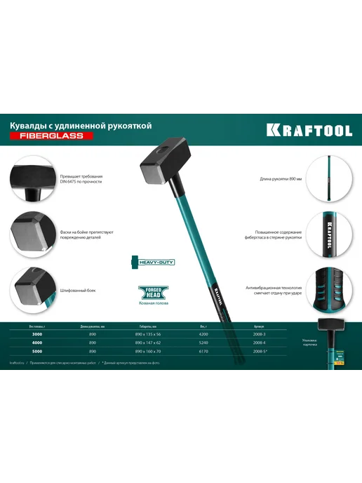 Kraftool Кувалда 4 кг с длинной фиберглассовой рукояткой, 5 кг, фото 6