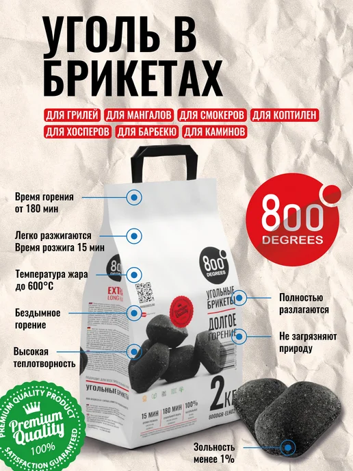 800 Degrees Стартер + брикетированный уголь 2 кг + роллы для розжига, 2 кг, фото 5