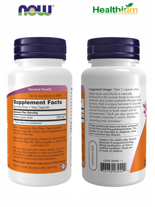 NOW Alpha Lipoic Acid альфа липоевая кислота 250мг 60кап, вариант, фото 5