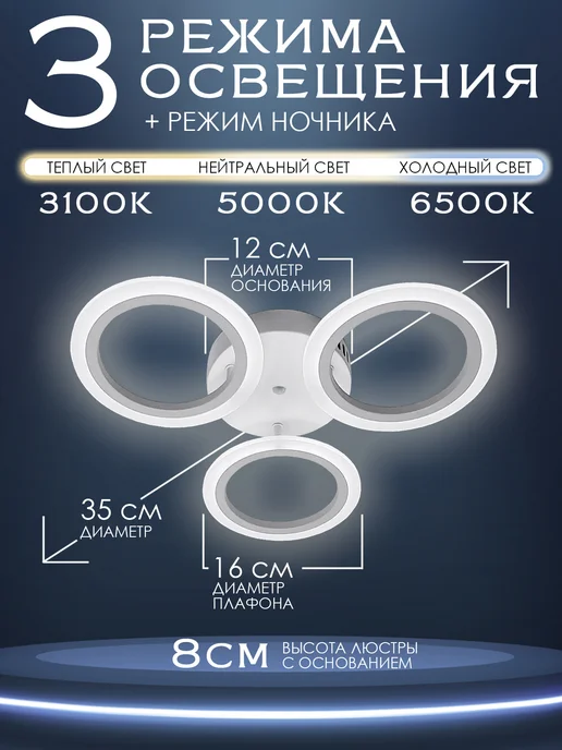 Lanbos Люстра потолочная светодиодная с пультом для гостиной, белый, фото 2